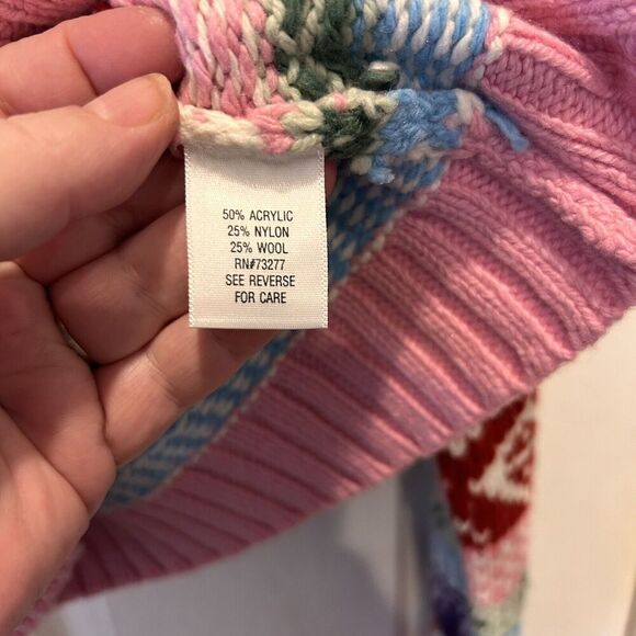So Fair Isle Cardigan Ski Sweater Large Juniors Zip Front Pink Colorful Y2k - Picture 7 of 8